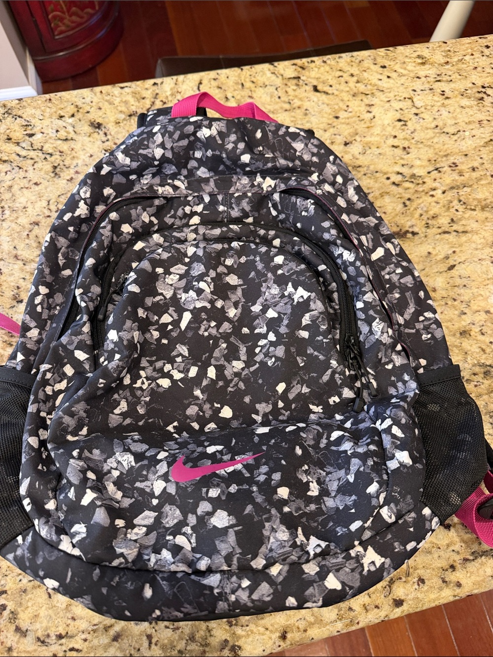 Nike Black White Speckled Backpack with Pink Logo